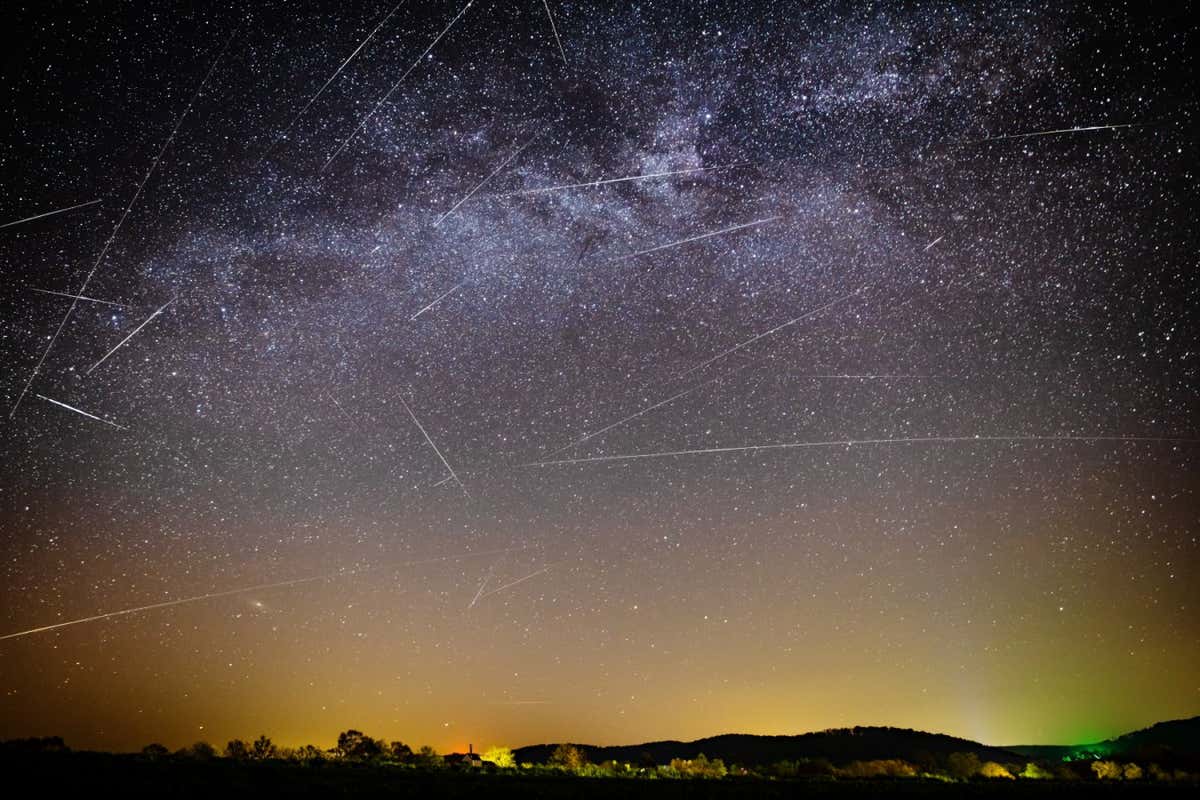 Falling stars during the April Lyrids 2020 (April 23rd). Composing of falling stars during a period of 2 hours and one 15 sec. exposure for the stars.; Shutterstock ID 1727321440; purchase_order: -; job: -; client: -; other: -