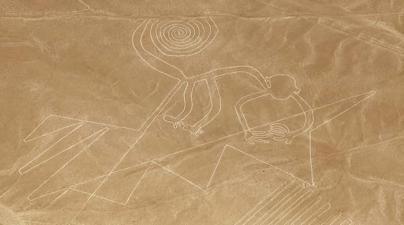 Monkey geoglyph, Nazca or Nasca mysterious lines and geoglyphs aerial view, landmark in Peru