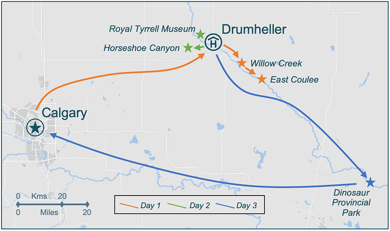 itinerary map for Dinosaurs and Hoodoos in Alberta